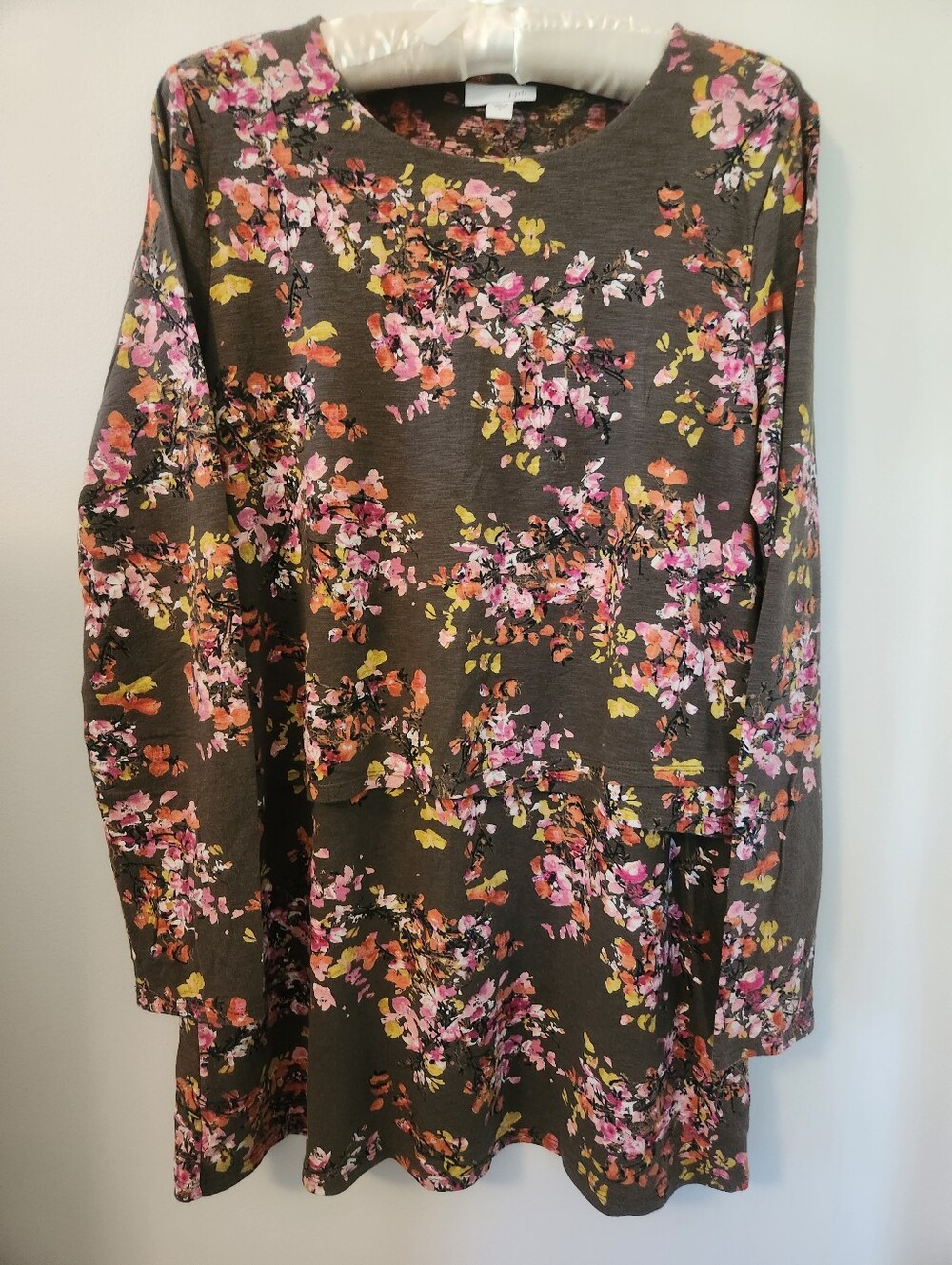 J. Jill Floral Long-Sleeve Tunic in Brown with Pink and Yellow Accents